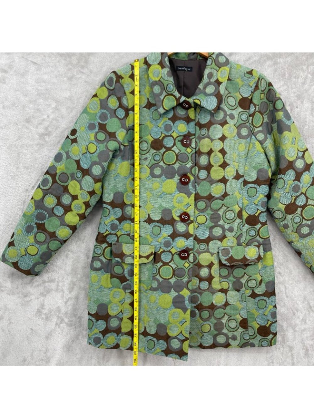 bentley a. Vintage Y2K Green Brown Geometric Brocade Coat USA Made - Picture 13 of 16
